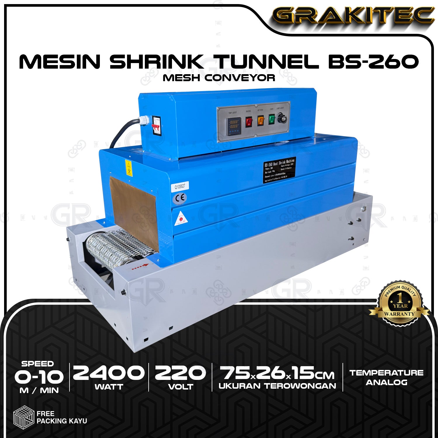 BS-260 Mesin Shrink Tunnel Wrapping Penyusut Plastik Kemasan Grakitec