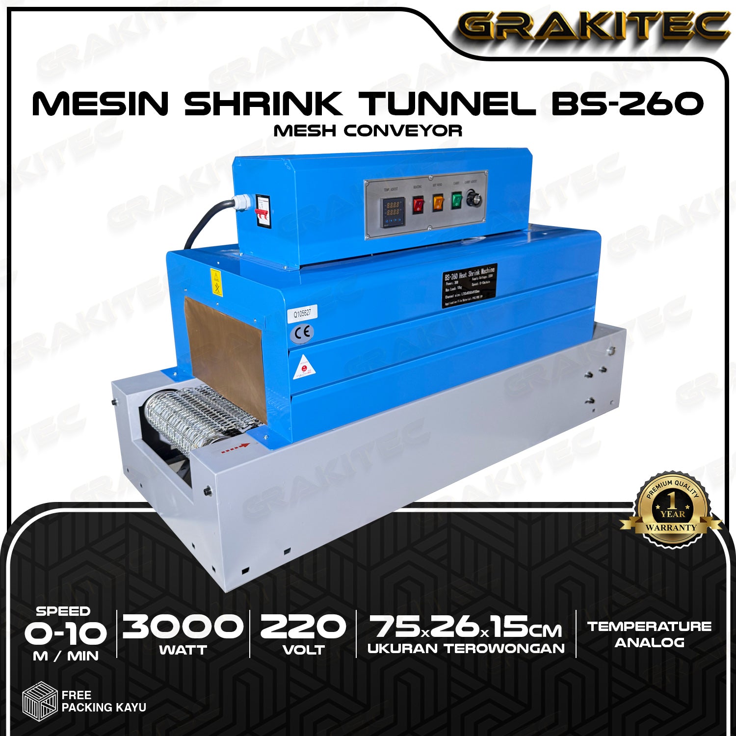BS-260 Mesin Shrink Tunnel Wrapping Penyusut Plastik Kemasan Grakitec