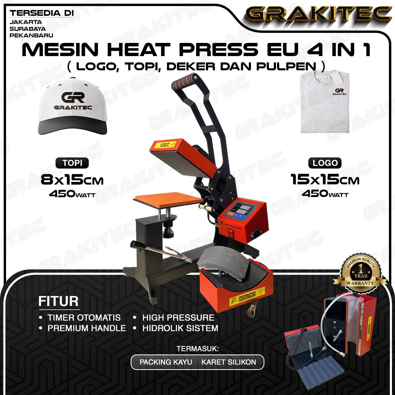 Mesin Press Sablon Mini EU Logo Label 15x15 cm & Press Sablon Topi Premium -  2in1