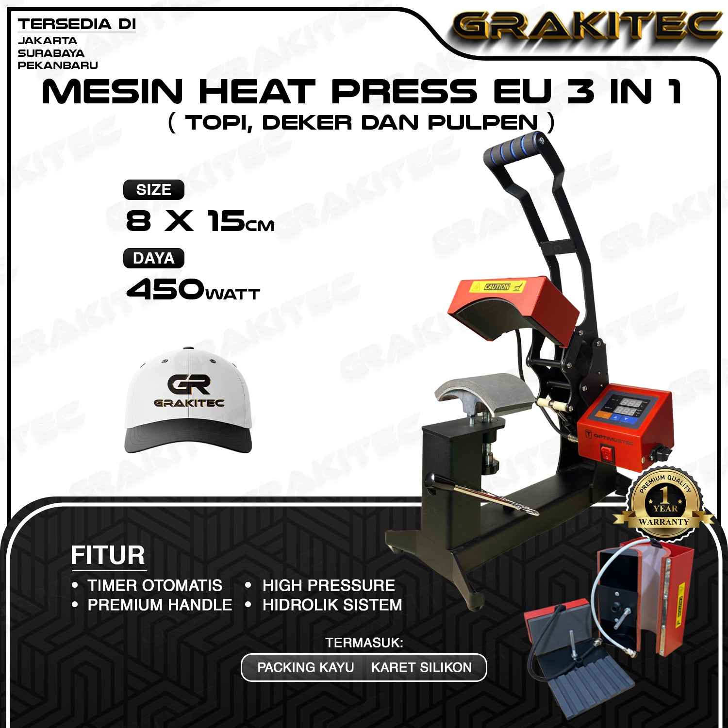 Mesin Press Sablon Mini EU Logo Label 15x15 cm & Press Sablon Topi Premium -  2in1