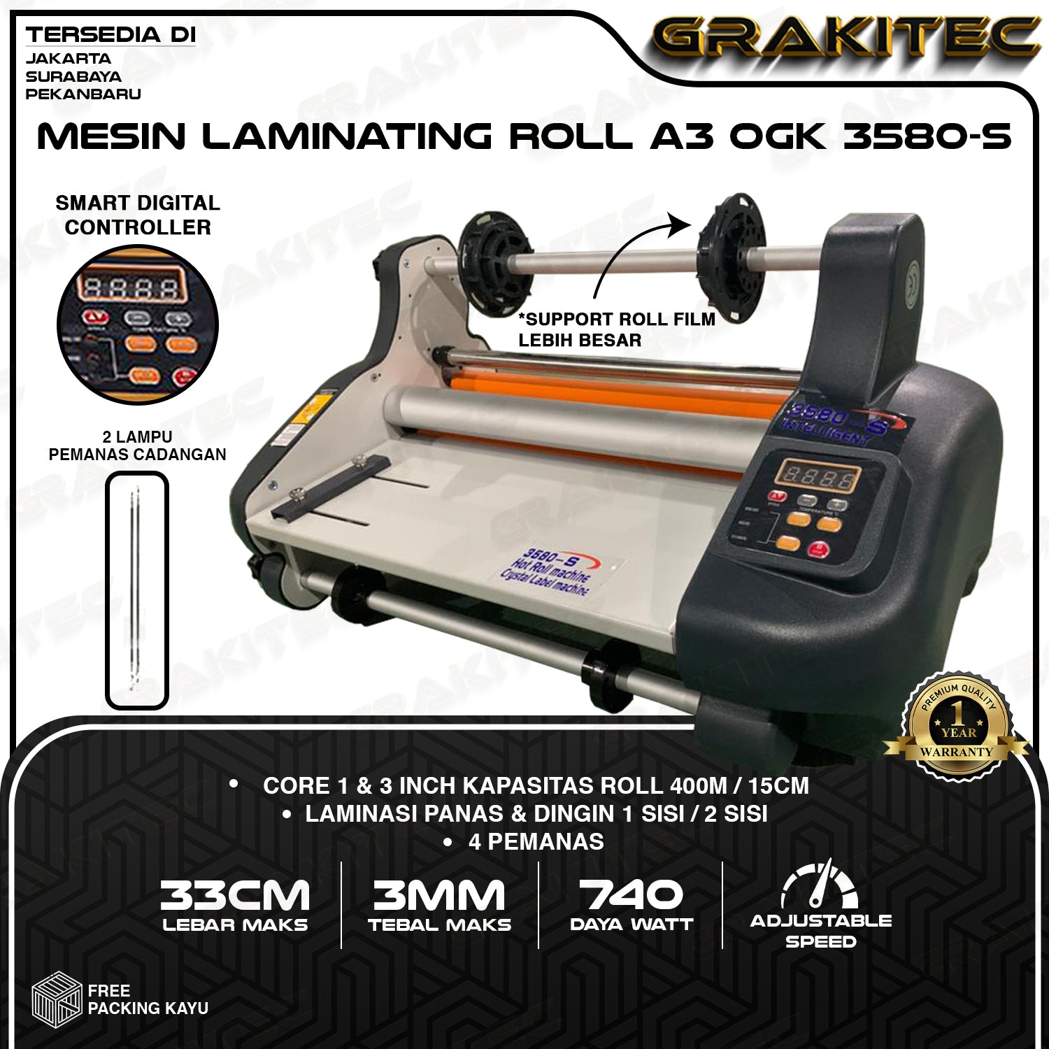 Mesin Laminasi / Laminating Roll A3+ OGK 3580s Hot ( Panas ) + Cold ( Dingin ) 4 Lampu Pemanas